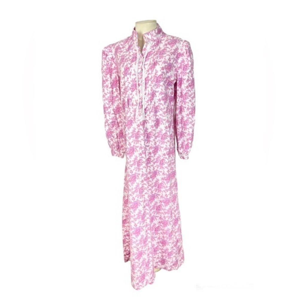 Vintage Tommies flannel nightgown pink paisley floral‎ highneck puff sleeve